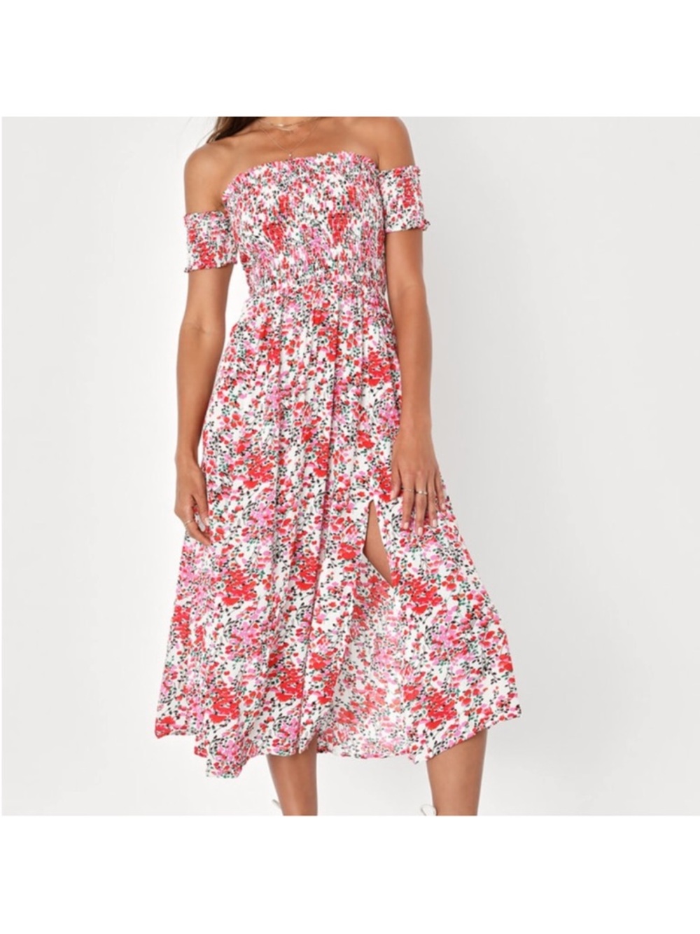 Lulu's Pink Red Floral Off-Shoulder Midi Dress